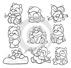 Vector Illustration of a Cute Cartoon Character Panda for you Design and Computer Game. Coloring Book Outline Set